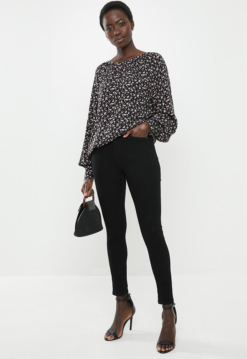 edit - Gauged boat neck blouse - black & pink