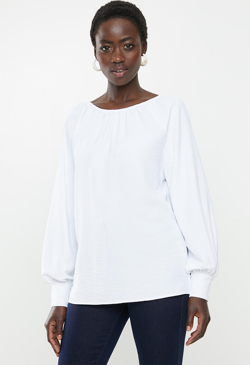 edit - Gauged boat neck blouse - white