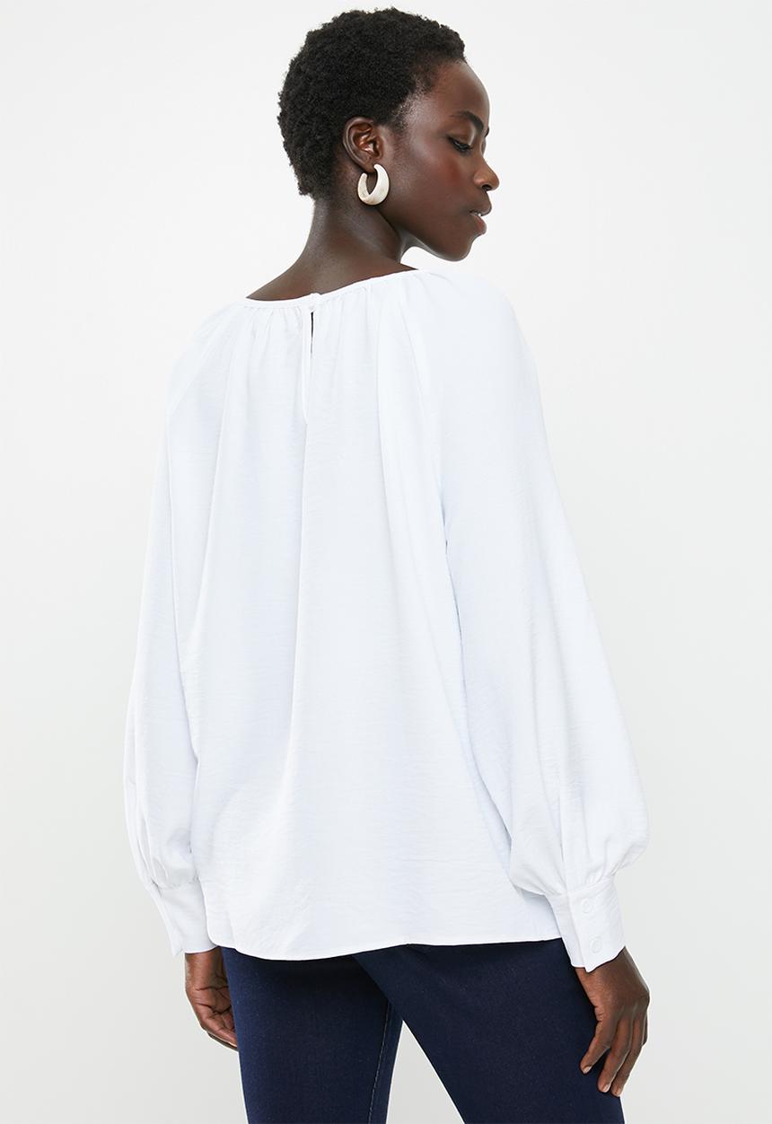 edit - Gauged boat neck blouse - white