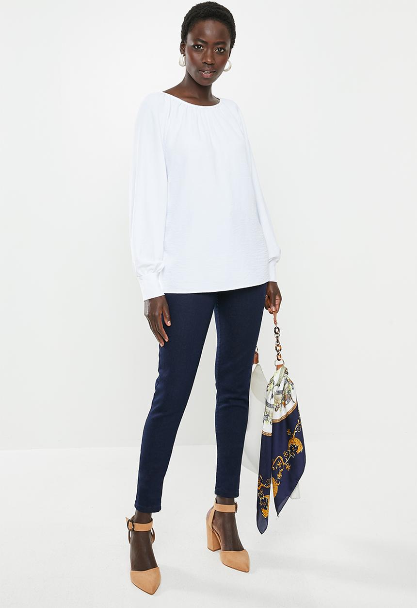 edit - Gauged boat neck blouse - white