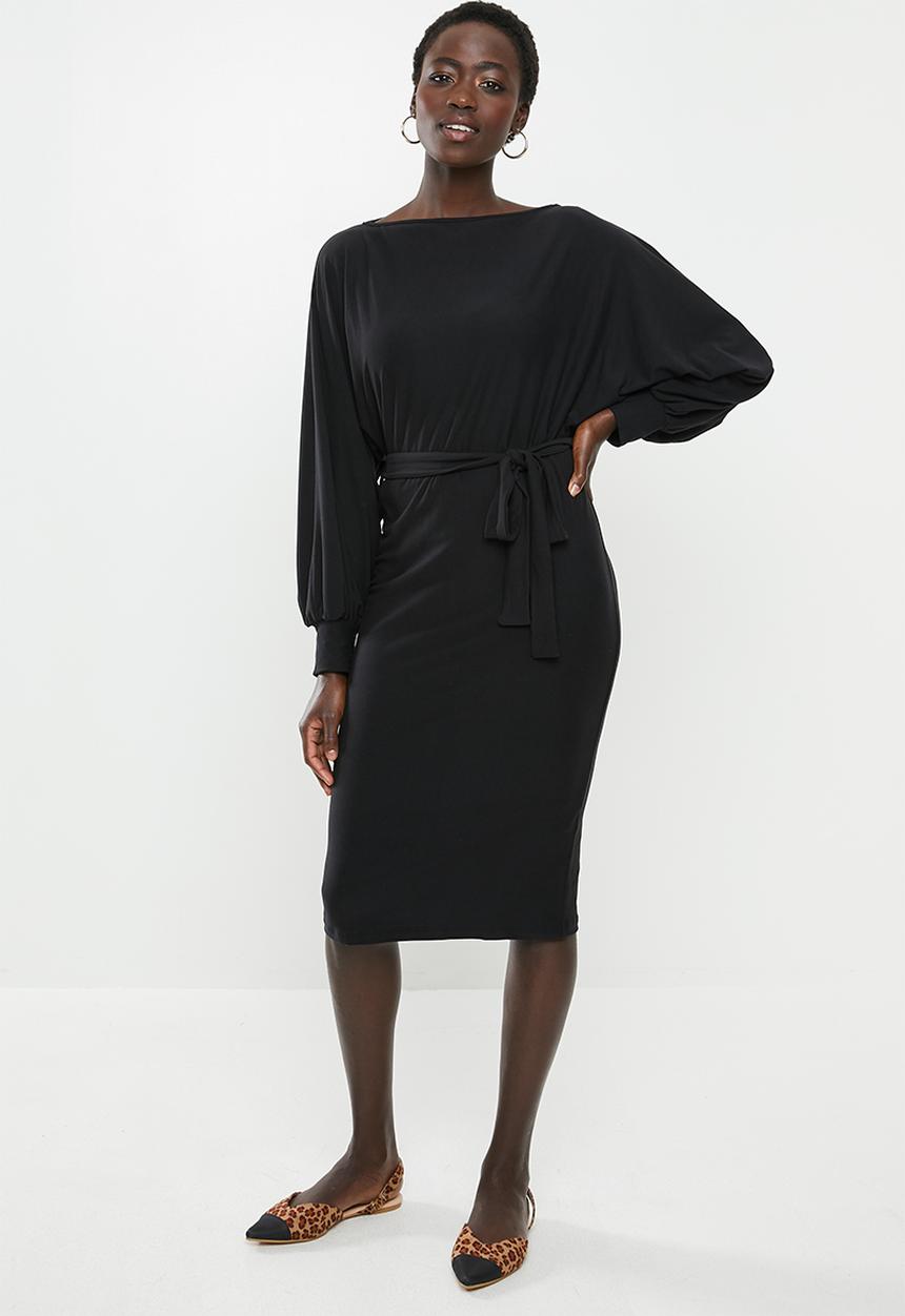 edit - Cut & sew belted midi dress - black