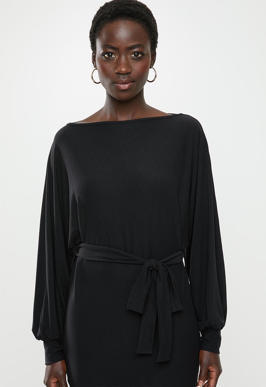 edit - Cut & sew belted midi dress - black