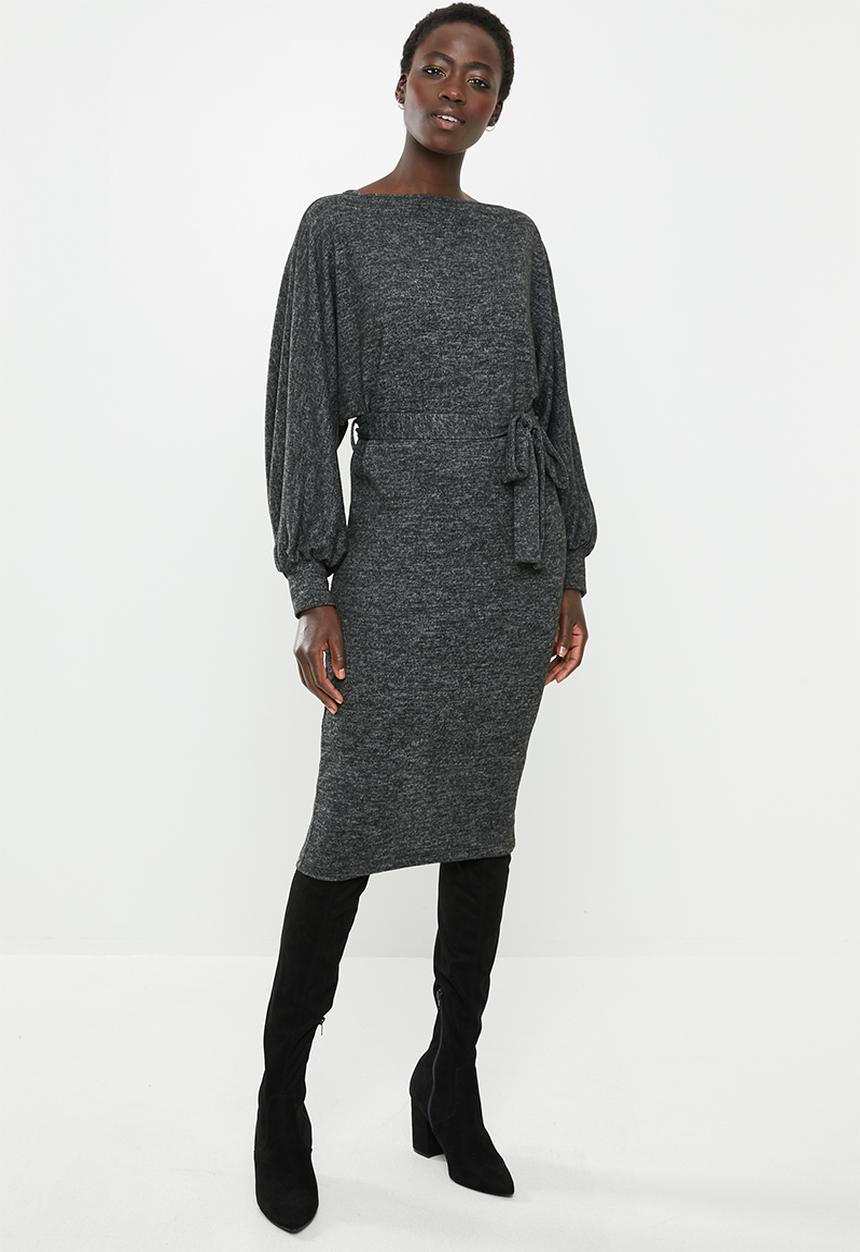 edit - Cut & sew belted midi dress - grey
