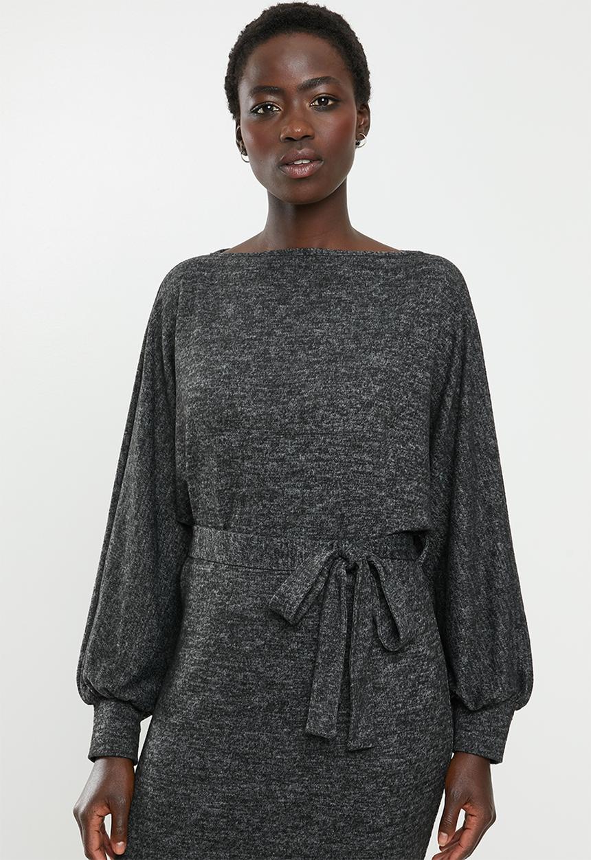 edit - Cut & sew belted midi dress - grey