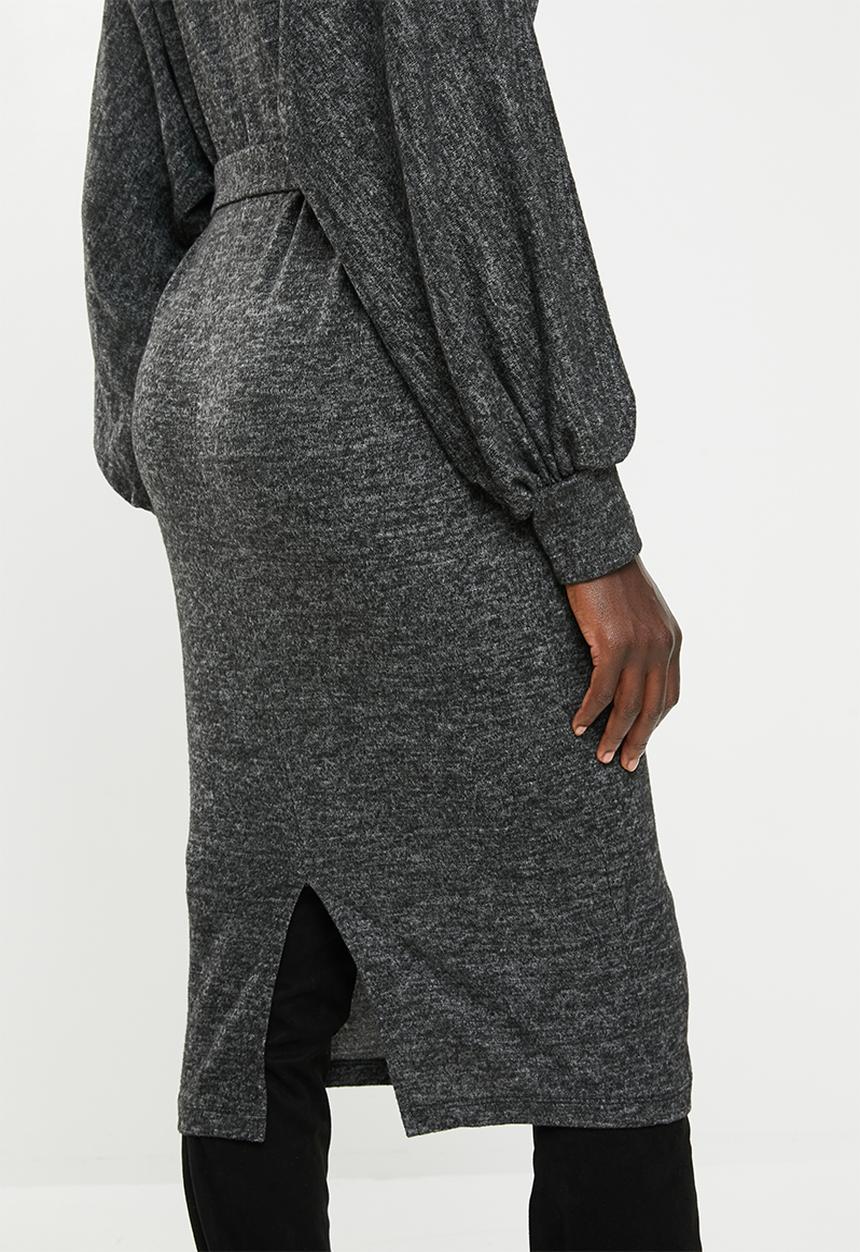 edit - Cut & sew belted midi dress - grey