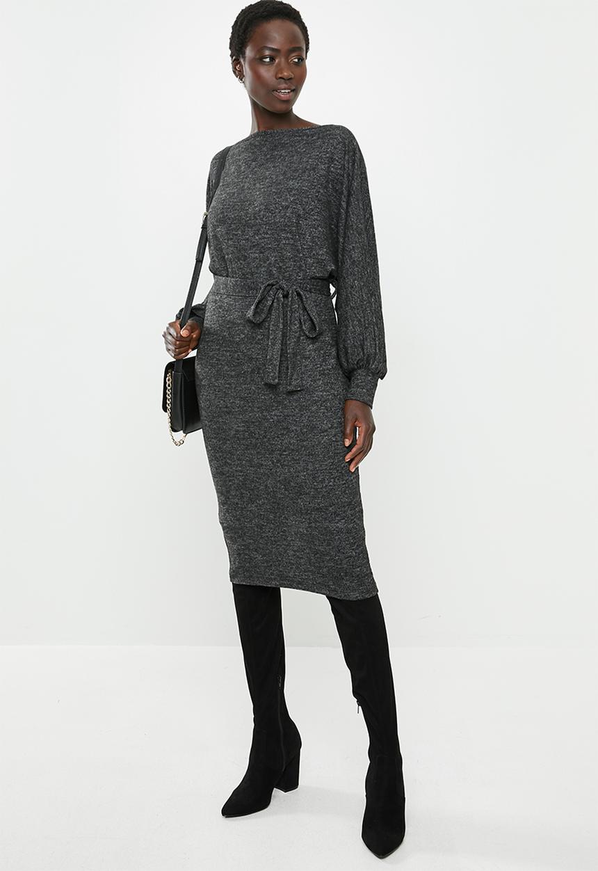 edit - Cut & sew belted midi dress - grey