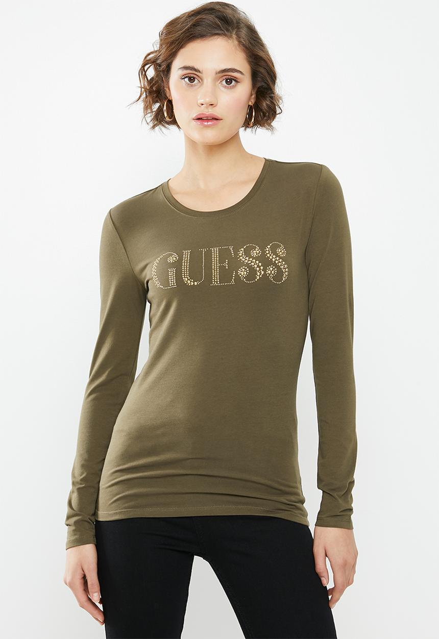 GUESS - Long sleeve pearl logo tee - khaki
