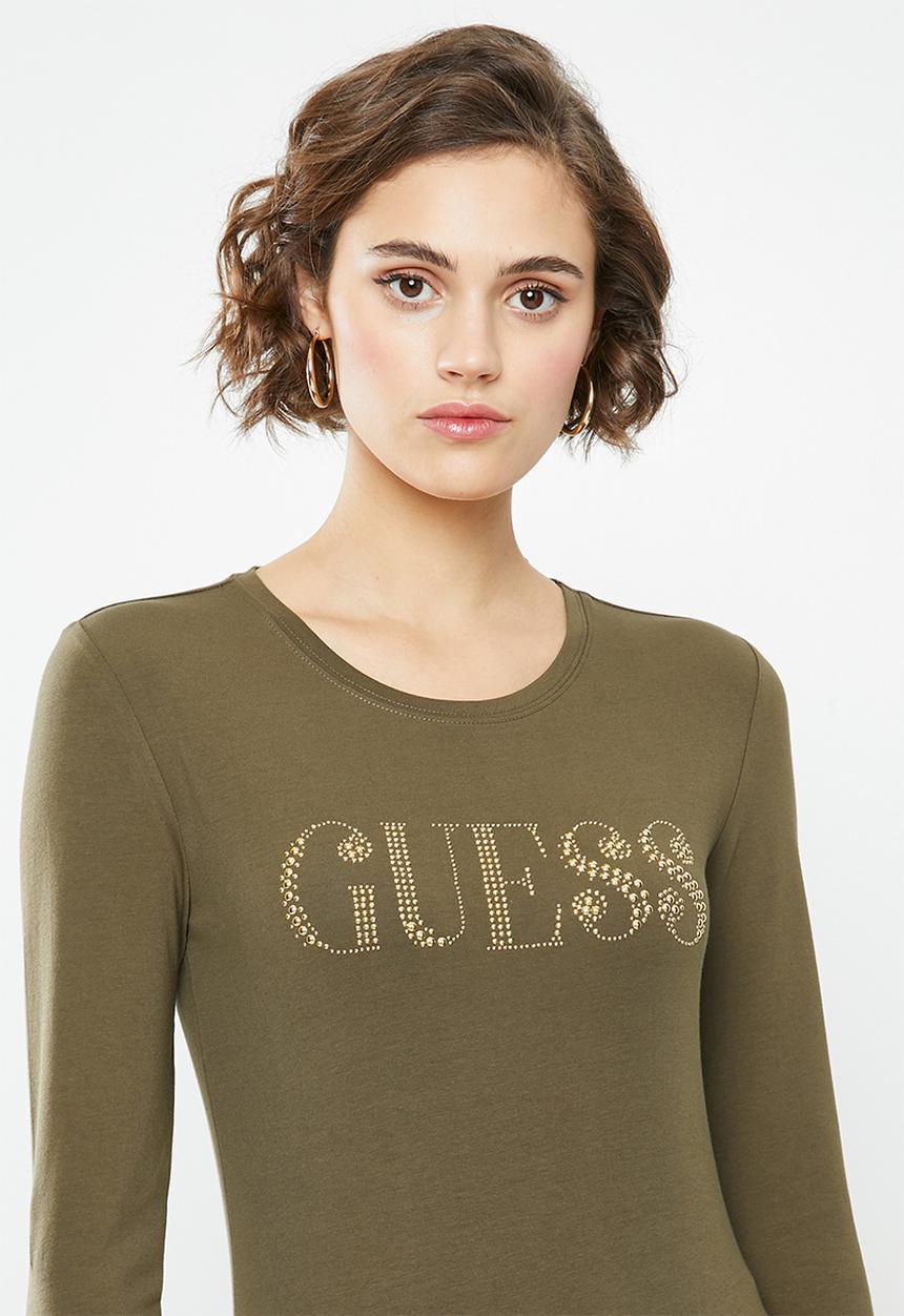GUESS - Long sleeve pearl logo tee - khaki