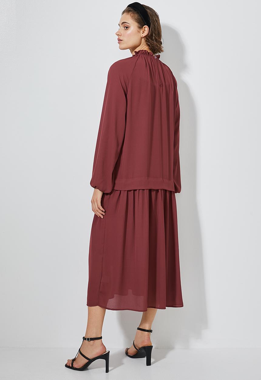Superbalist - Ruffle neck dropped waist dress - brick