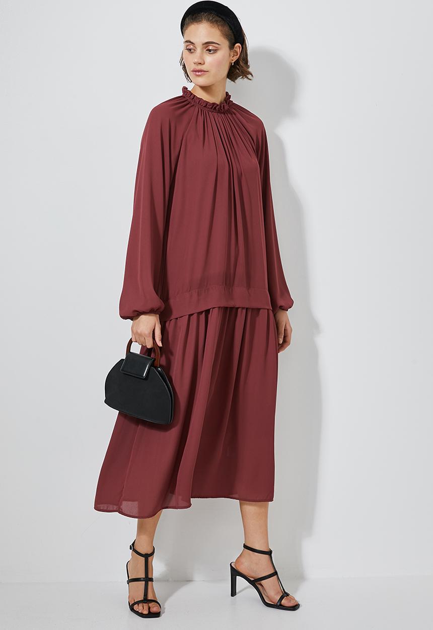 Superbalist - Ruffle neck dropped waist dress - brick