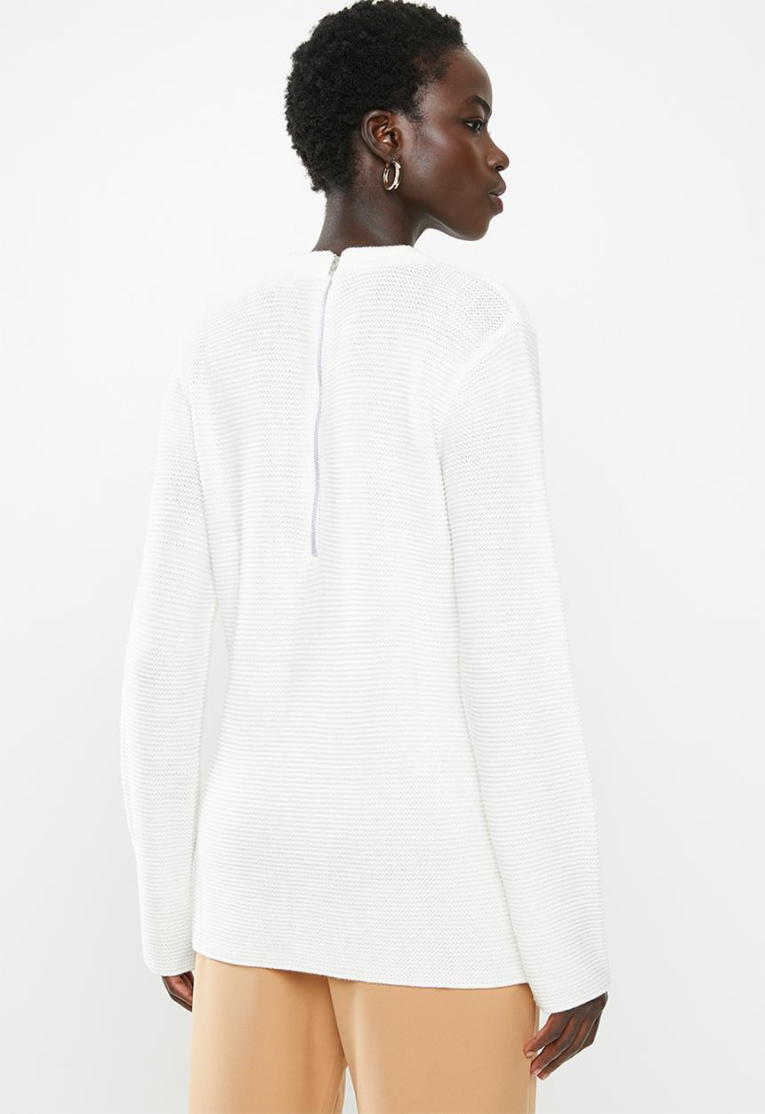 edit - Back zip crew neck jersey - white 
