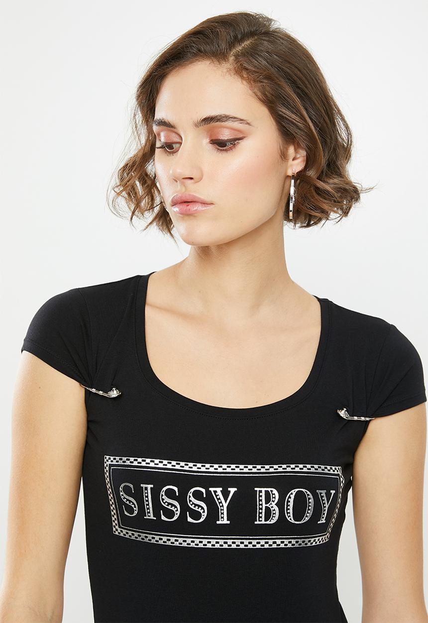 SISSY BOY - One up logo tee with safety pin detail - black