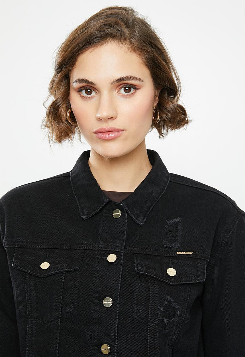 SISSY BOY - Denim jacket with rips and fringing - black