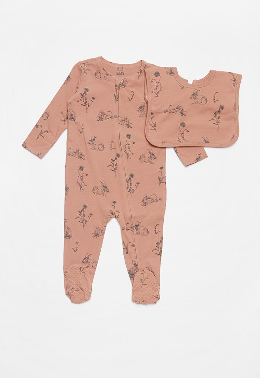 Cotton On - Bundle long sleeve zip through romper & everyday bib - clay pigeon