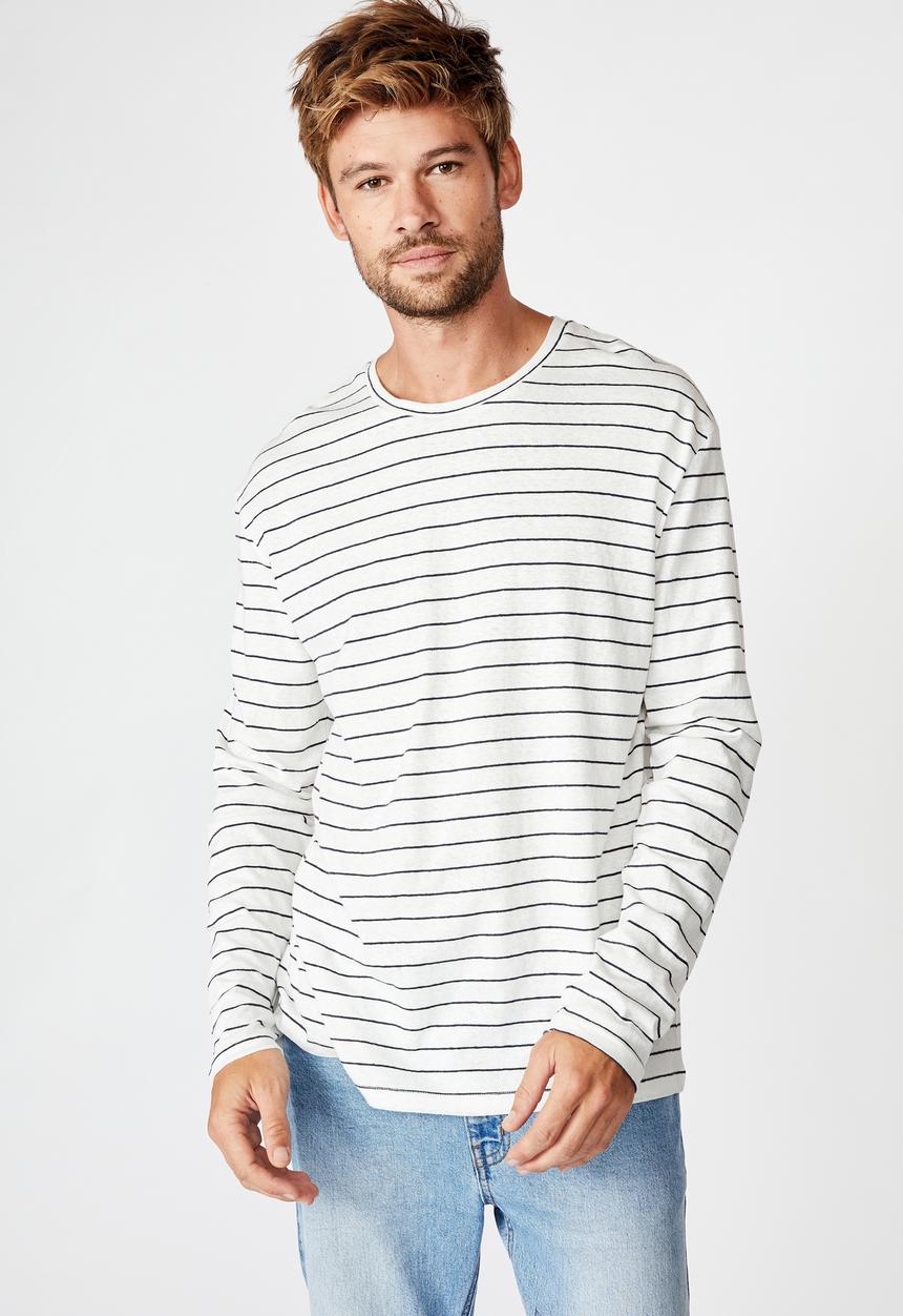 Cotton On - Easy stripe tbar premium long sleeve tee - White & navy 