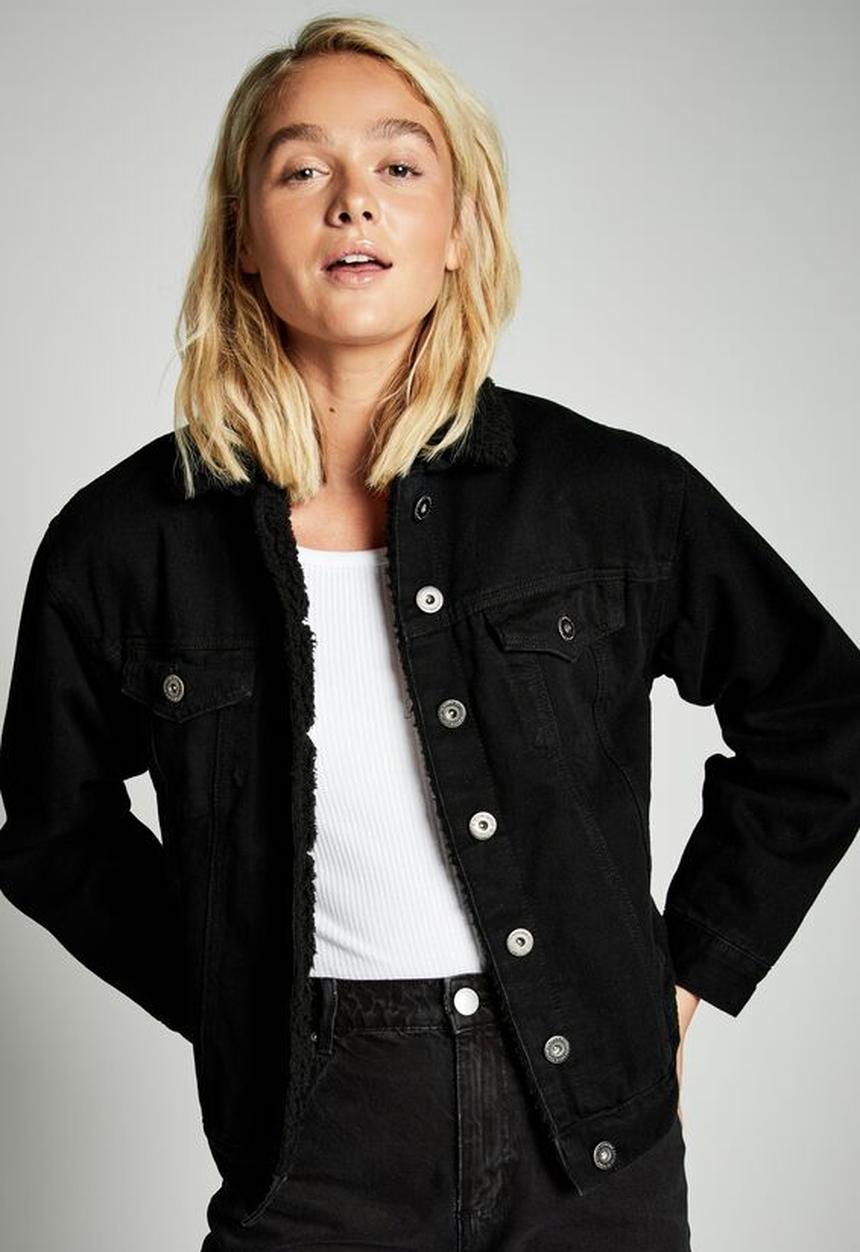 Cotton On - Sherpa denim trucker jacket - black