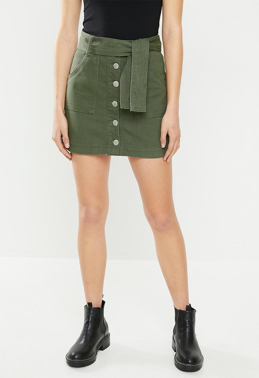 Glamorous - Button through mini skirt with tie belt - khaki
