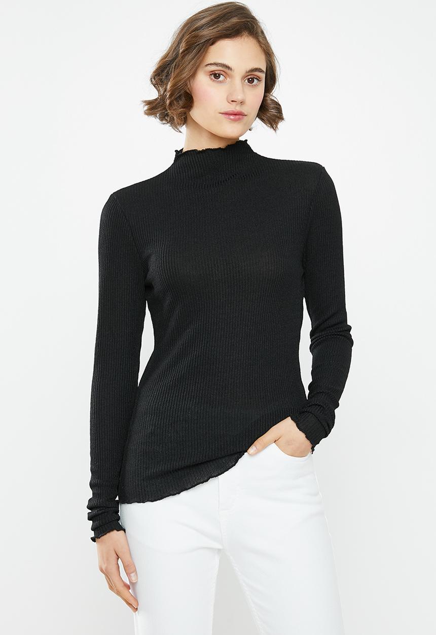 Vero Moda - Ophelia long sleeve high neck frill top - black