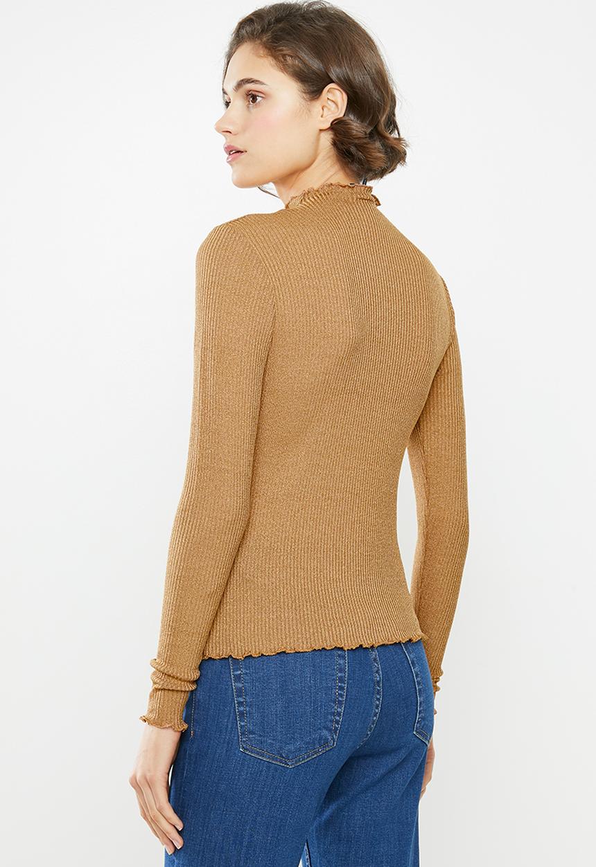 Vero Moda - Ophelia long sleeve high neck frill top - brown