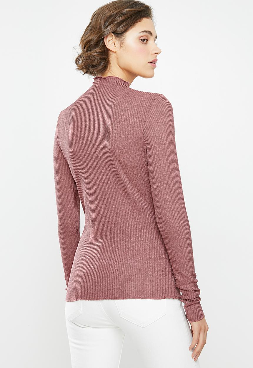Vero Moda - Ophelia long sleeve high neck frill top - mauve