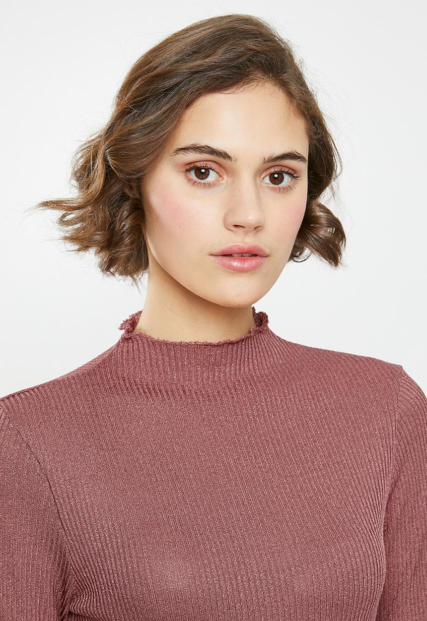 Vero Moda - Ophelia long sleeve high neck frill top - mauve