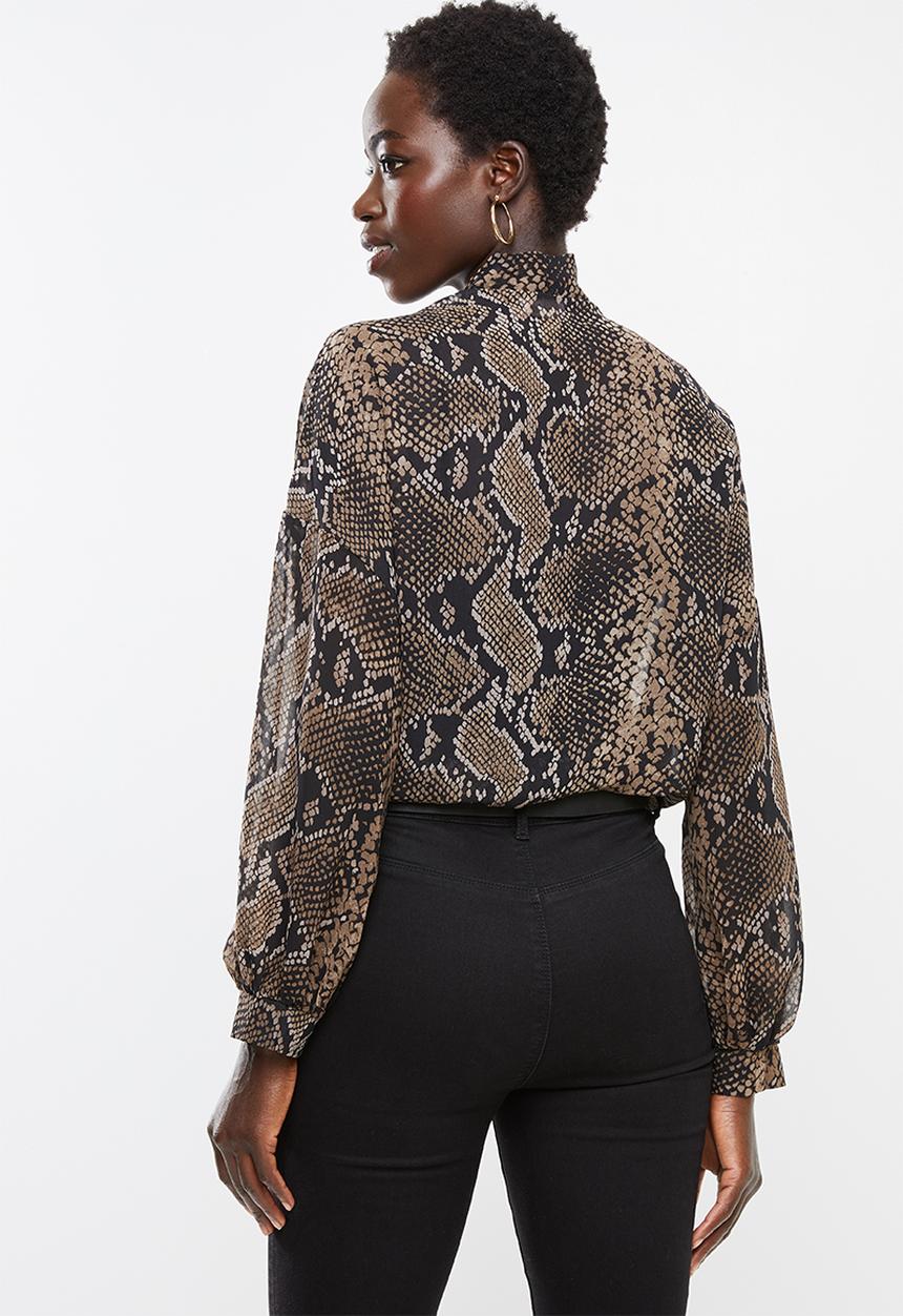 edit - Long sleeve chiffon kitty bow blouse - brown & black 