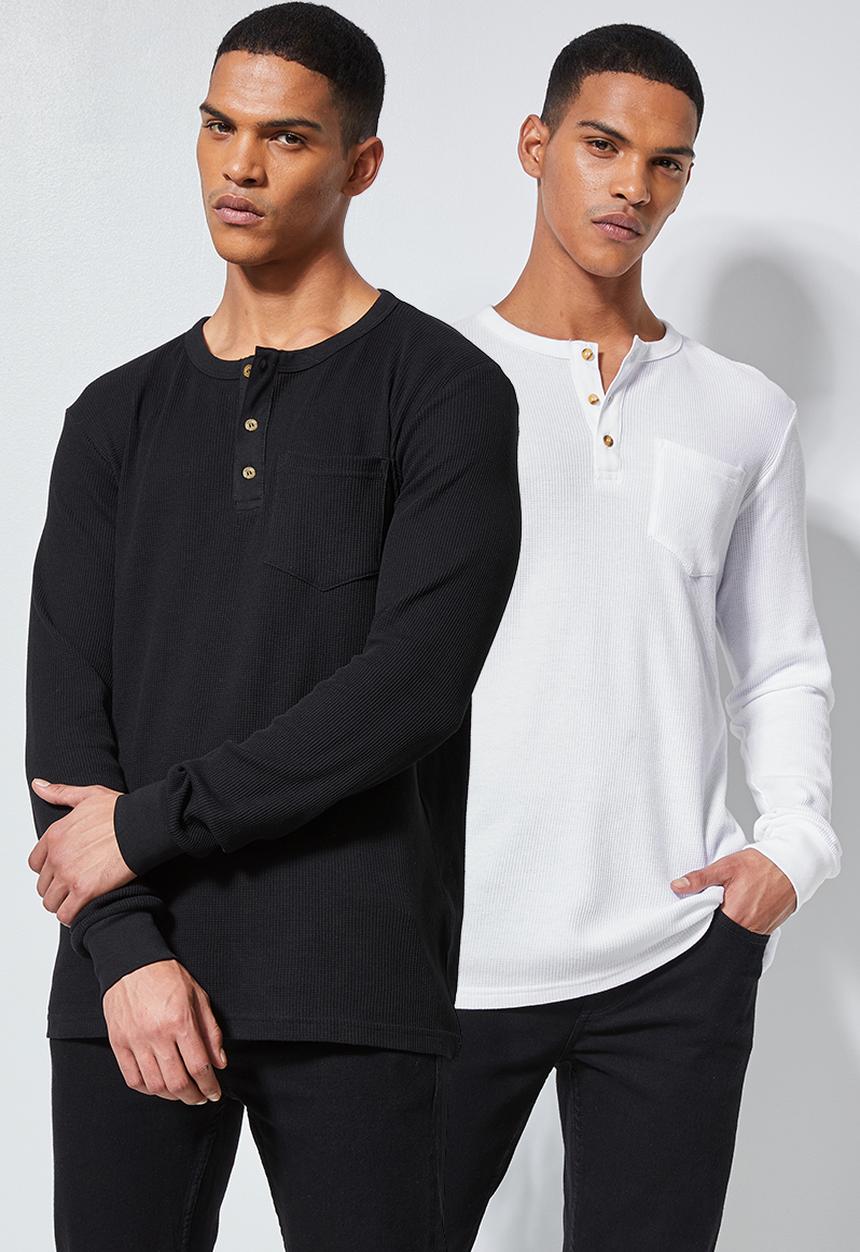 Superbalist - 2 pack henley textured pocket tee - black/white