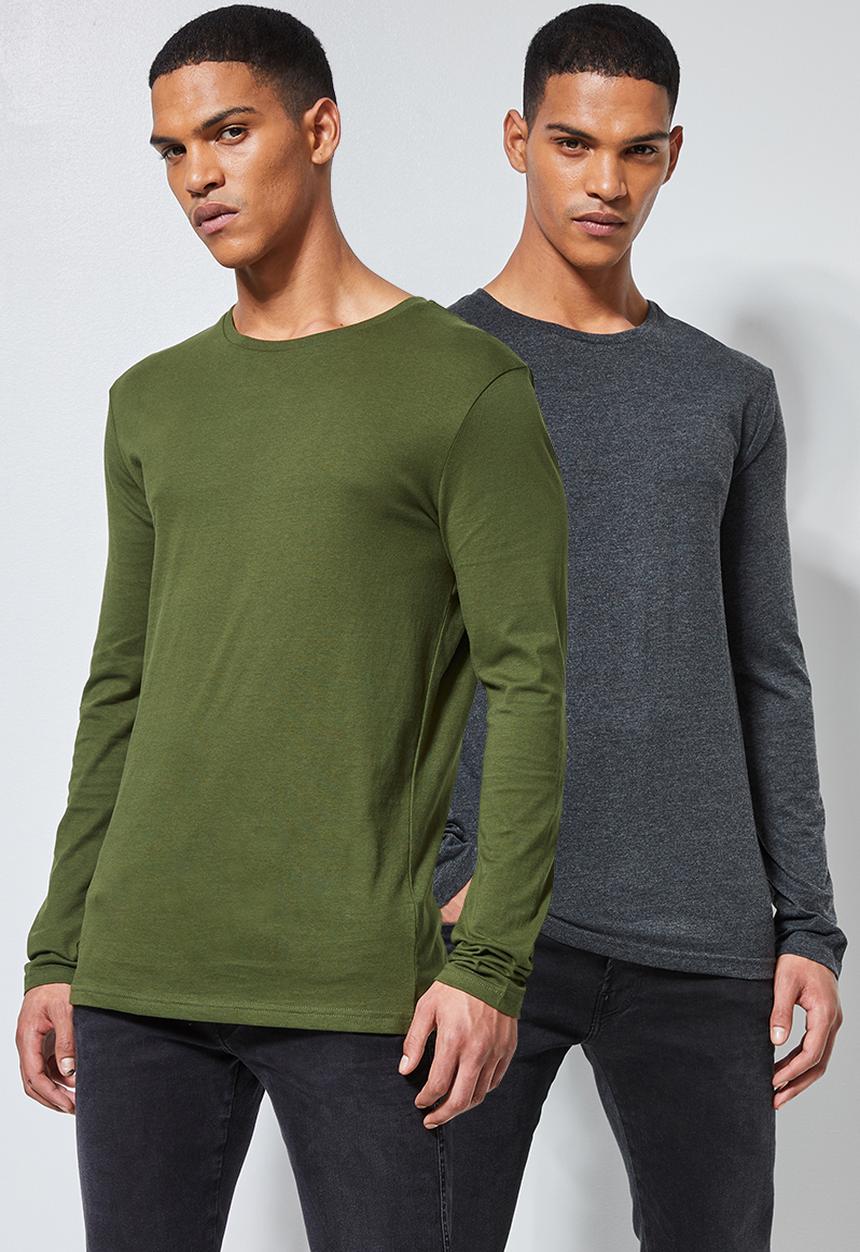 Superbalist - Plain crew neck 2 pack tees -  charcoal & fatigue green