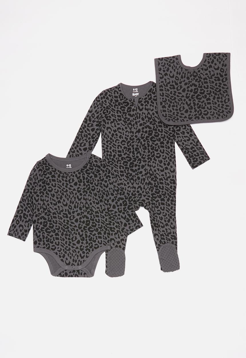 Cotton On - Bundle zip romper, bubbysuit & everyday bib  - grey & black 