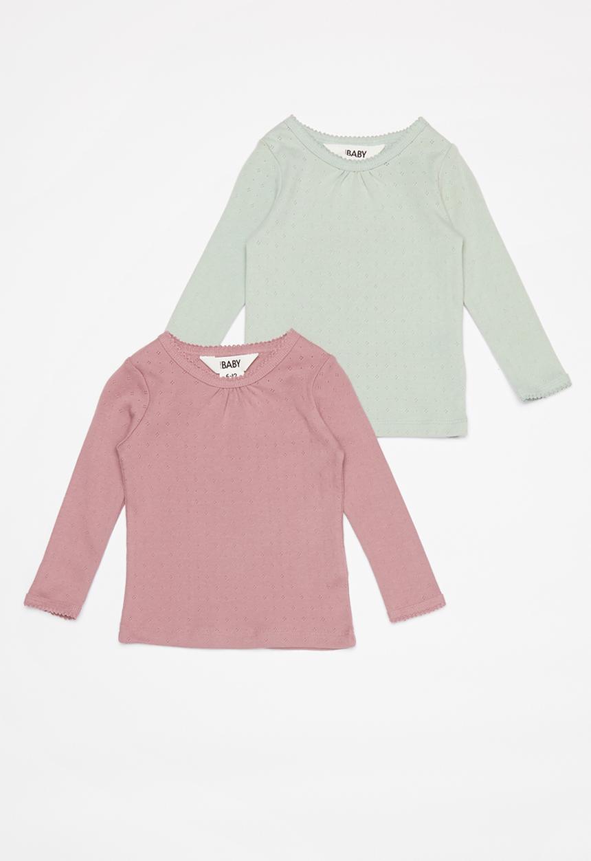 Cotton On - 2 Pack Mich long sleeve pointelle top  - dusty berry & stone green