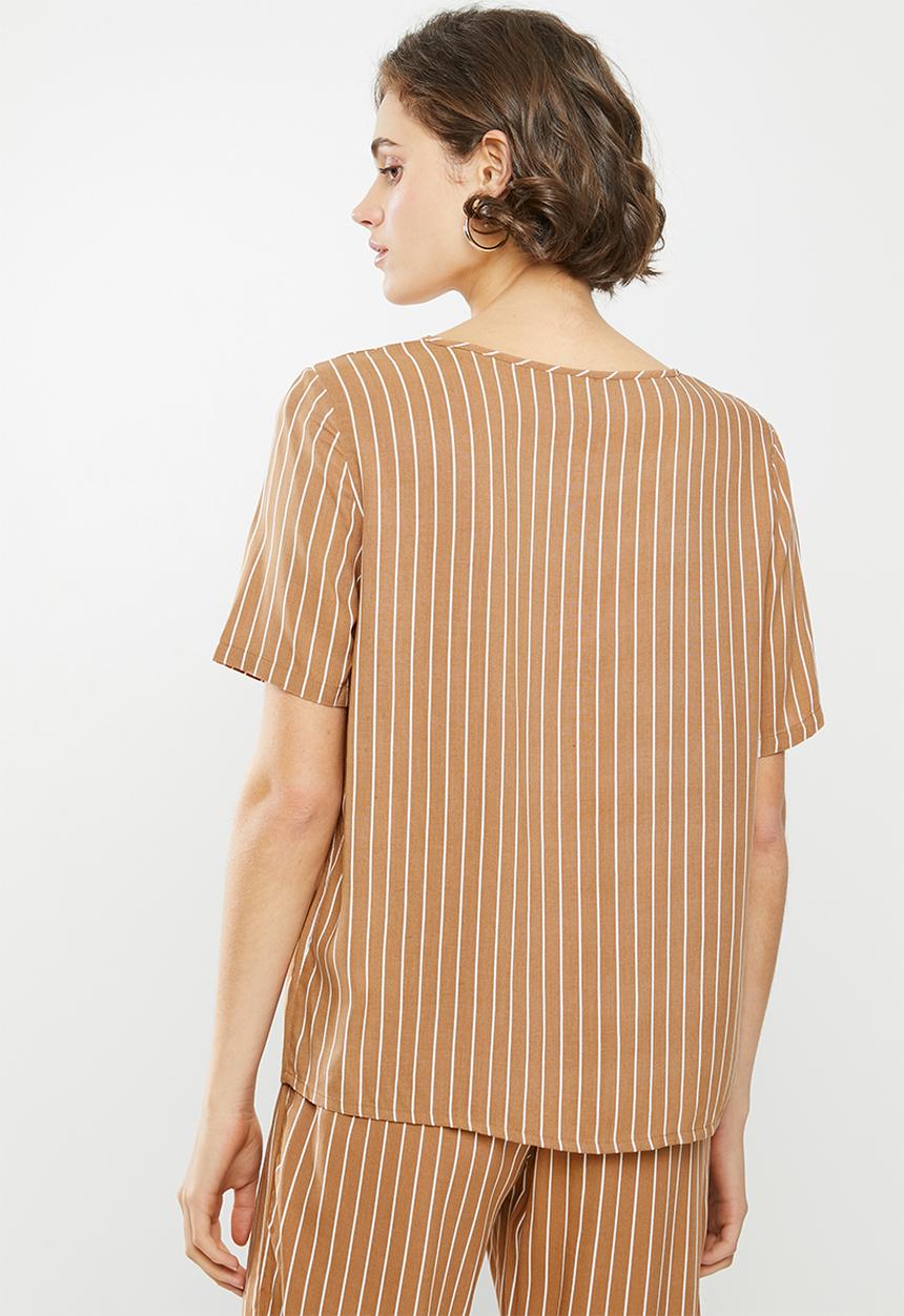 Jacqueline de Yong - Starr life short sleeve top - brown & white 