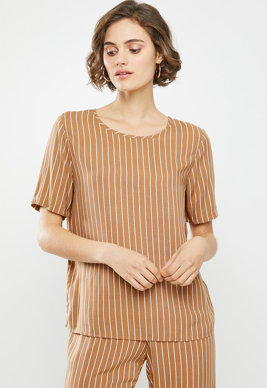Jacqueline de Yong - Starr life short sleeve top - brown & white 
