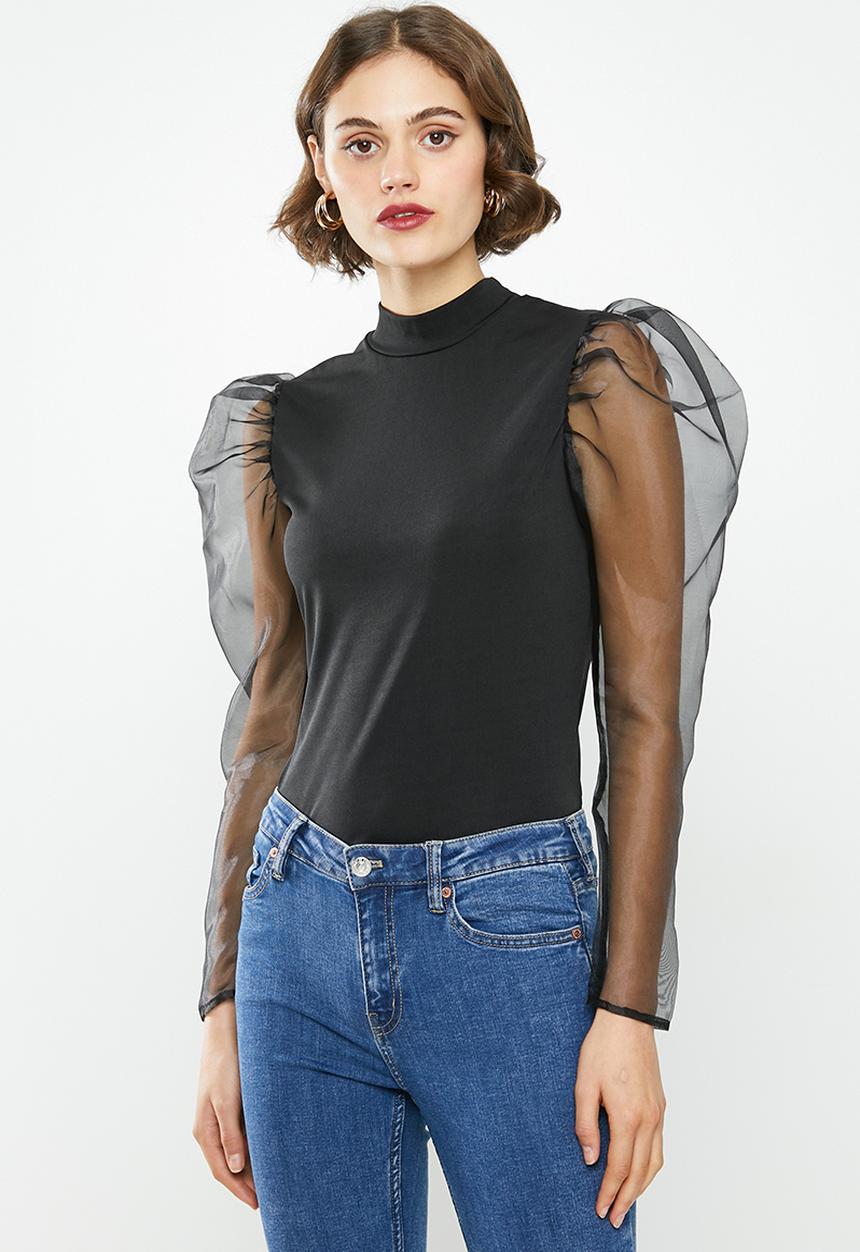 Missguided - Organza puff long sleeve high neck top - black