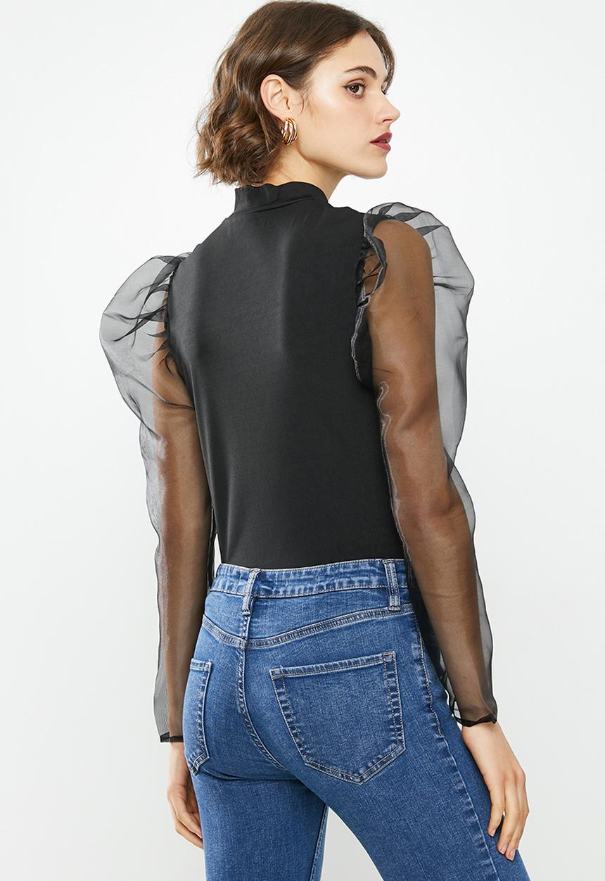 Missguided - Organza puff long sleeve high neck top - black