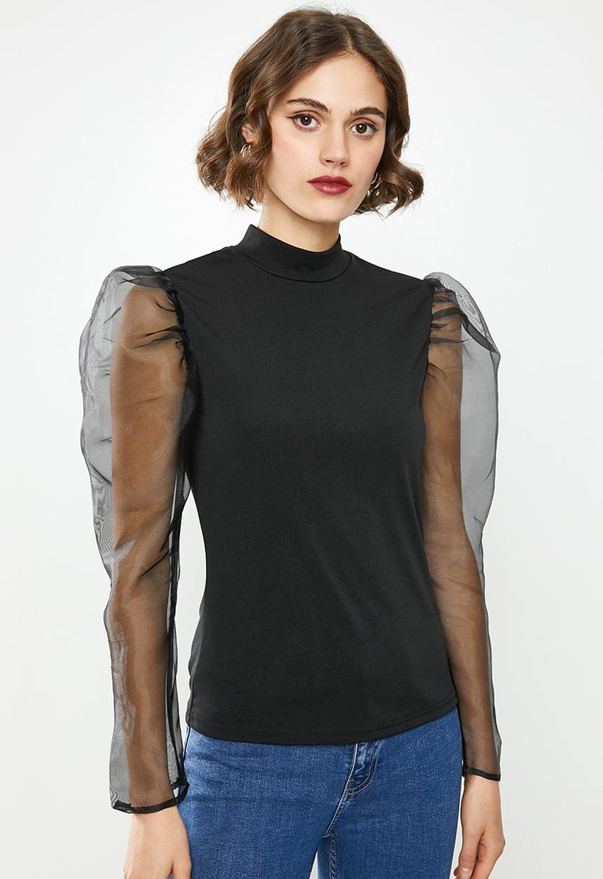 Missguided - Organza puff long sleeve high neck top - black