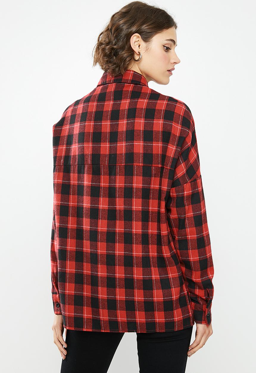 Missguided - Oversized brushed check shirt - red & black