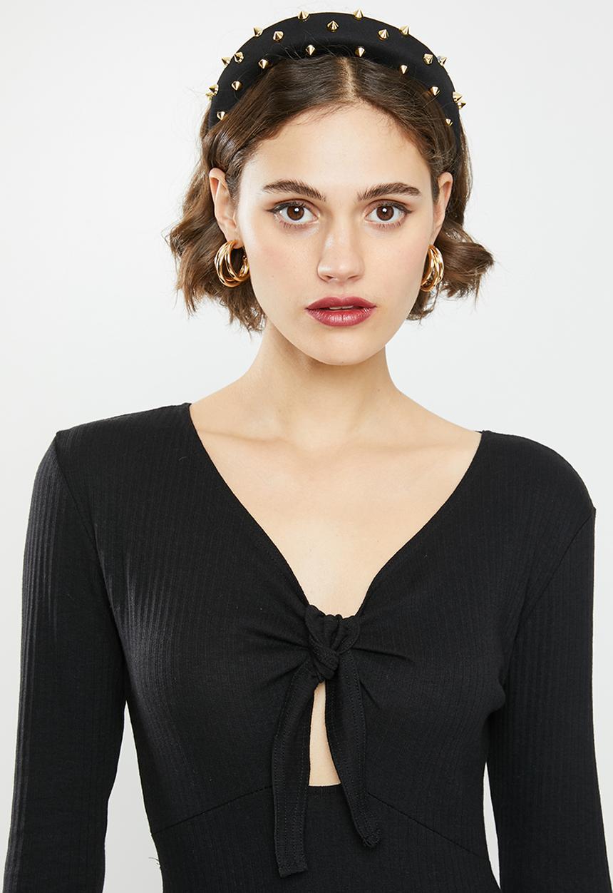 Missguided - Rib knot front long sleeve midi dress - black