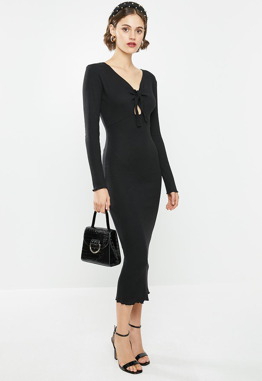Missguided - Rib knot front long sleeve midi dress - black