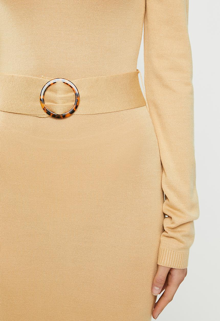 Missguided - Puff sleeve belted midi dress - beige