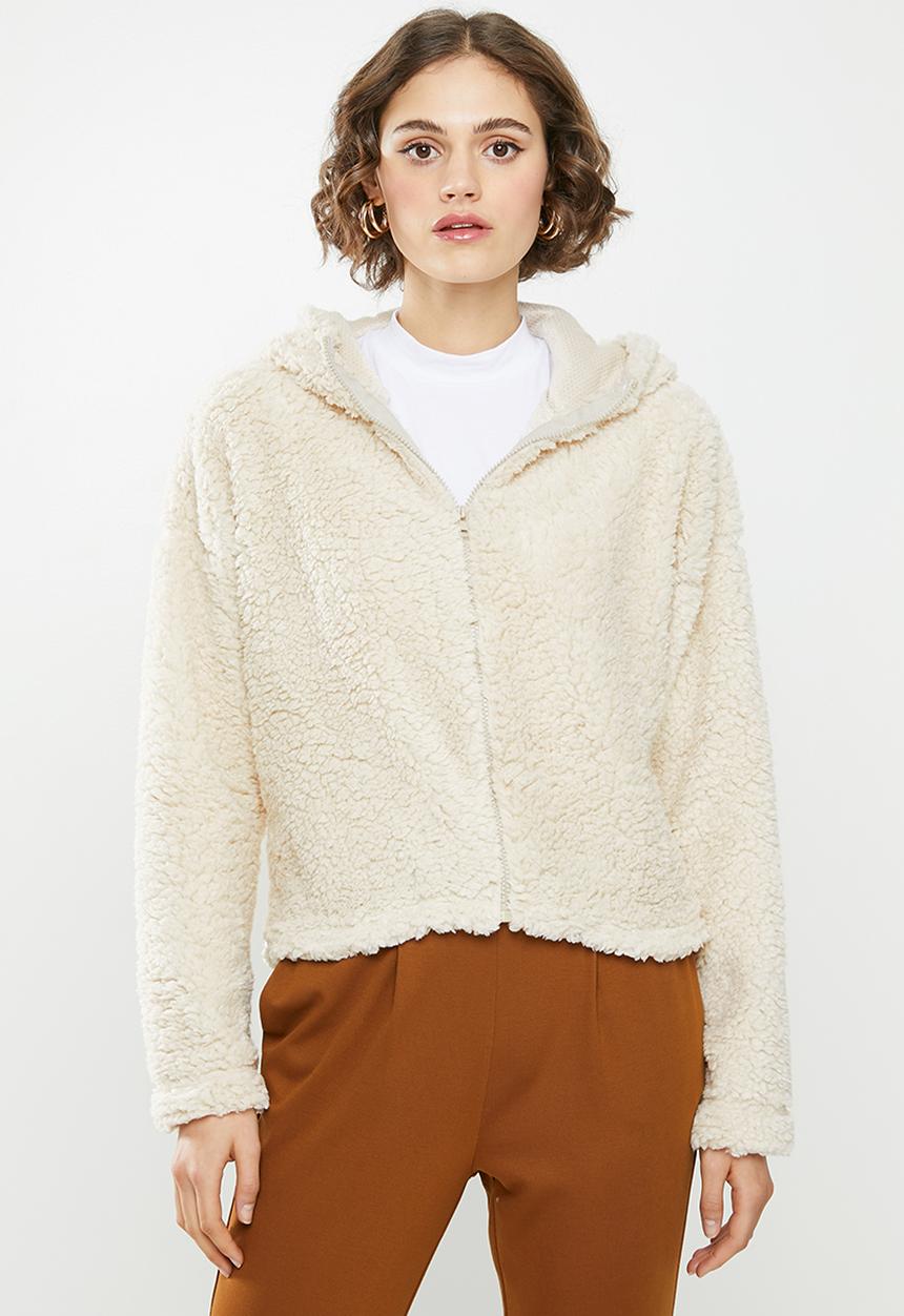 Missguided - Borg zip through long sleeve hoodie - cream