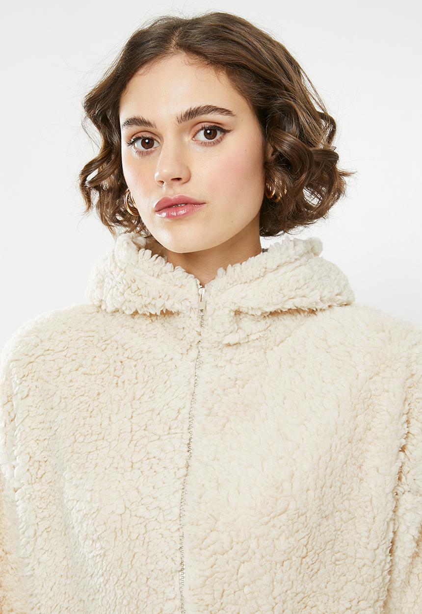Missguided - Borg zip through long sleeve hoodie - cream