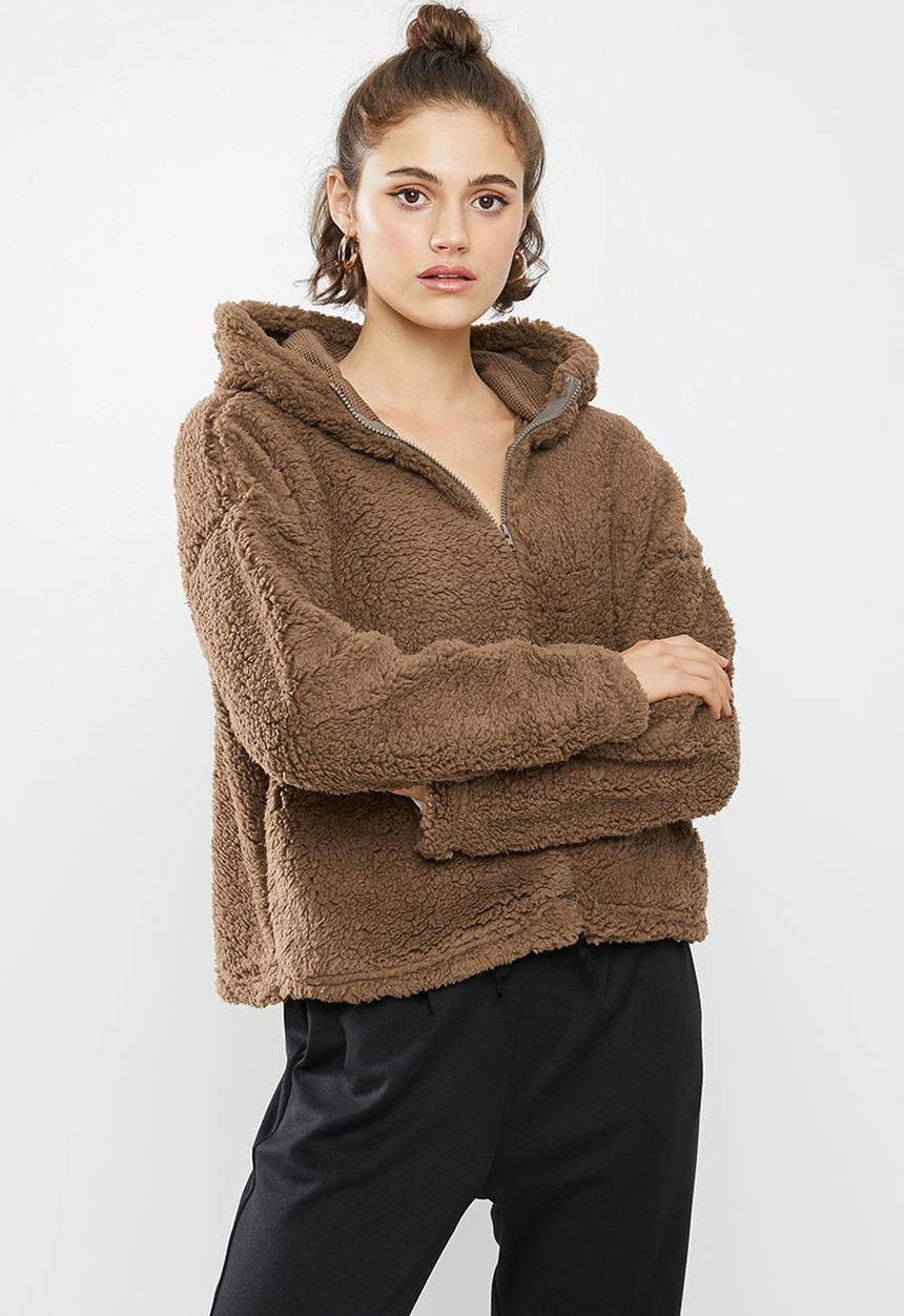 Missguided - Borg zip through long sleeve hoodie - brown