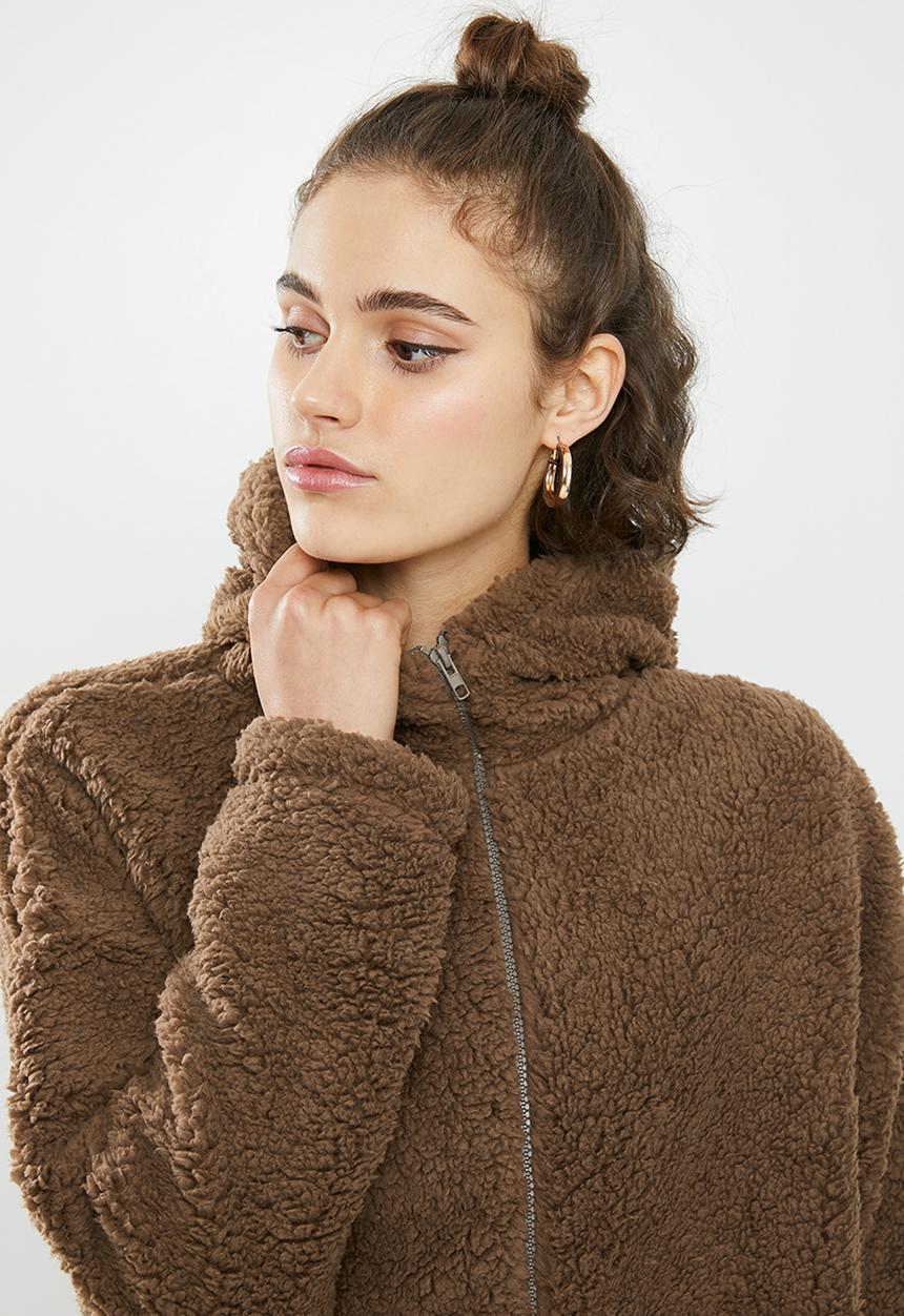 Missguided - Borg zip through long sleeve hoodie - brown