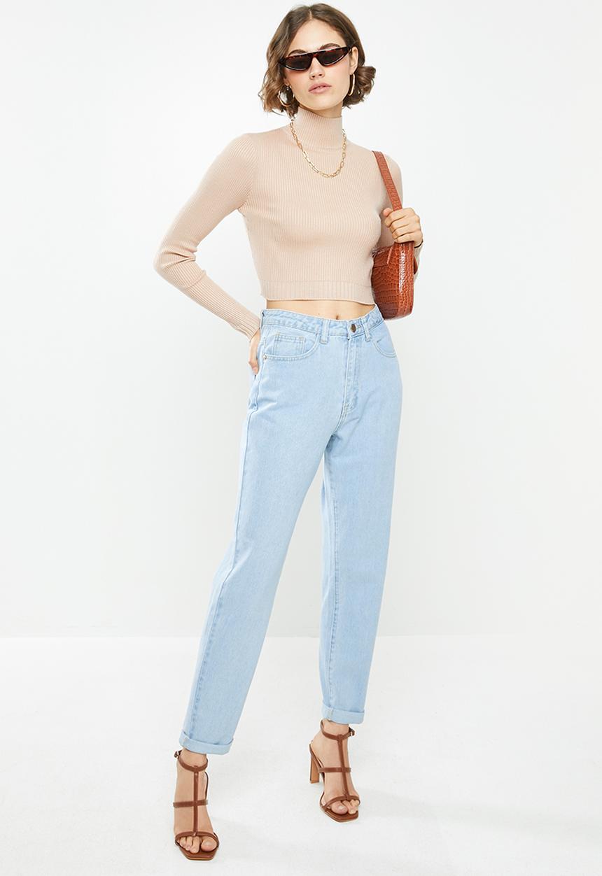 Missguided - High neck rib detail knitted crop top - sand