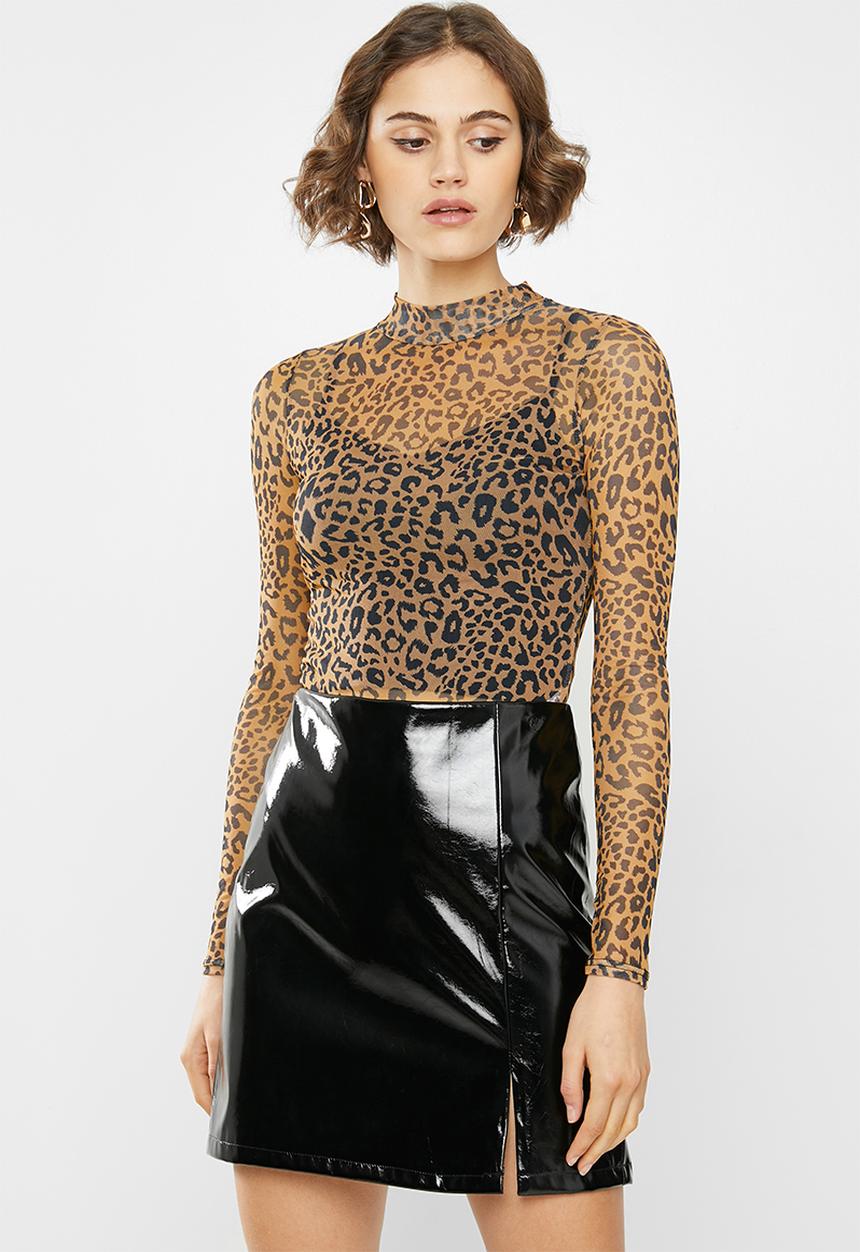 Missguided - Leopard high neck mesh long sleeve bodysuit - brown & black 