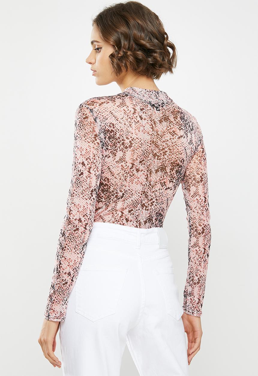 Missguided - Snake print high neck mesh long sleeve bodysuit - pink & black