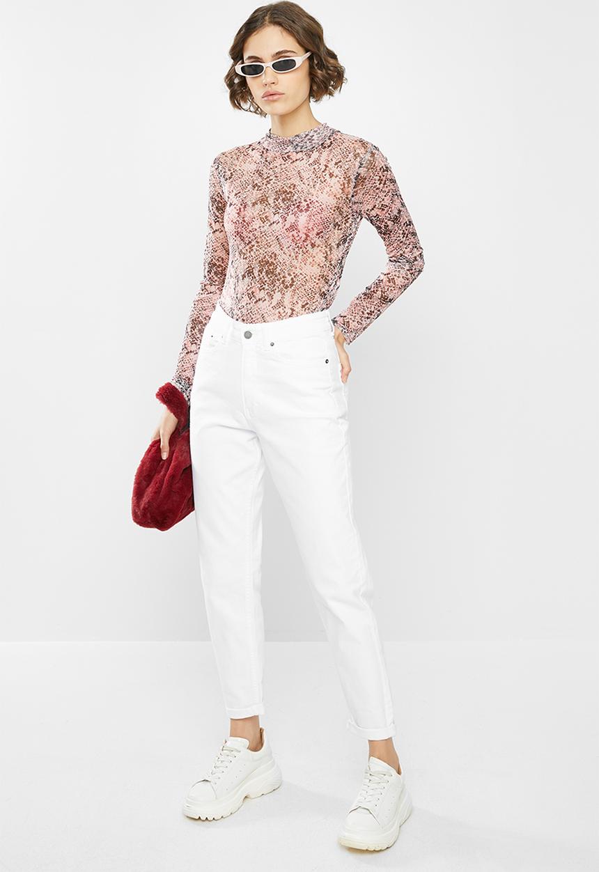 Missguided - Snake print high neck mesh long sleeve bodysuit - pink & black