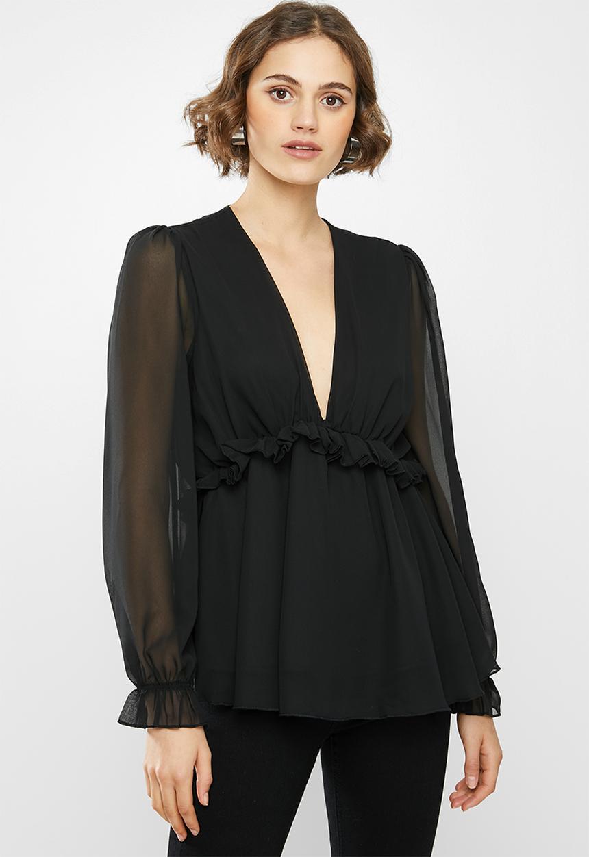 Missguided - Chiffon frill waist blouse - black