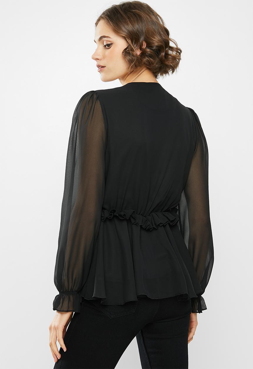 Missguided - Chiffon frill waist blouse - black