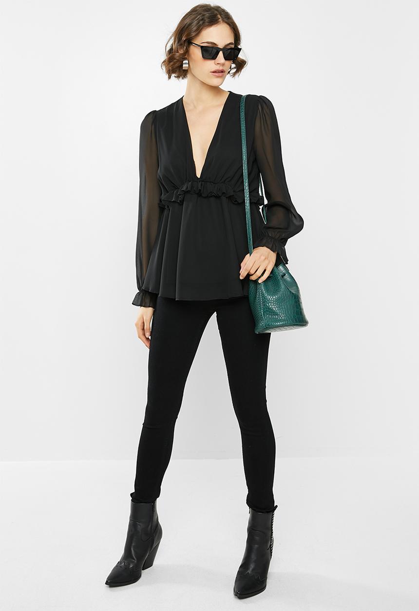 Missguided - Chiffon frill waist blouse - black